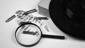 Magnifying glass, footprint, and detective hat.