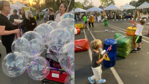Split Screen: 1. Kids playing with bubbles. 2. Kids playing in a parking lot.