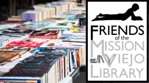 Friends of the Library logo and table with books on top.