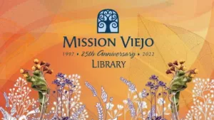 Mission Viejo Library 25th Anniversary logo on gold background with fall flowers along the bottom.