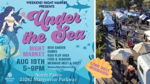 Mermaid in ad with promo information Under the Sea Night Market, and aerial view of past market