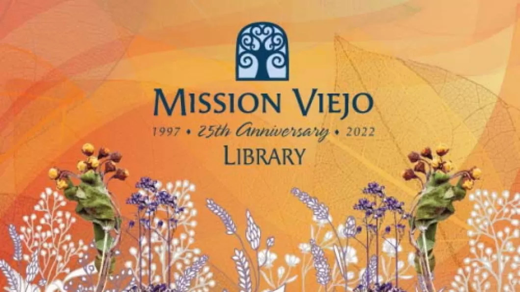 Mission Viejo Library 25th Anniversary Logo on gold background with fall flowers along the bottom.