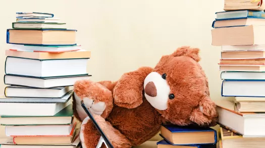 Stuffed teddy bear sitting on a pile of books