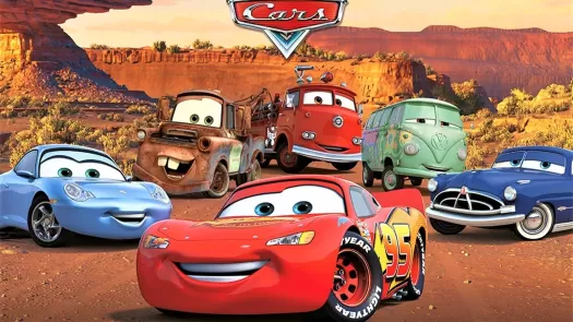 The movie poster for Cars showing Lightning McQueen and his friends.