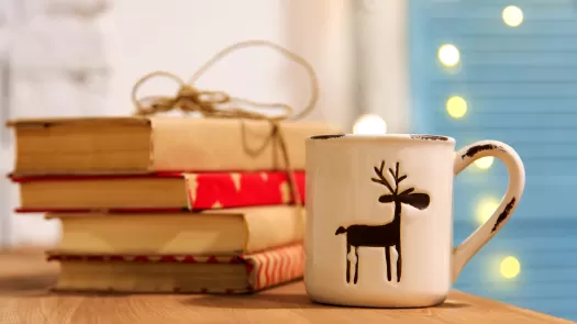 stack of books wrapped in holiday paper next to a reindeer coffee mug