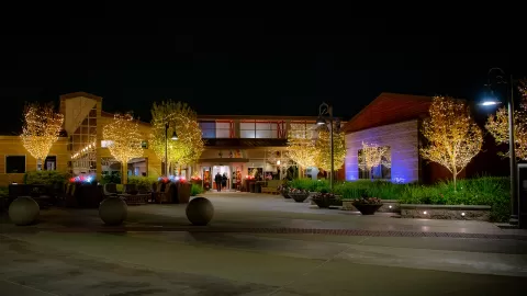 community center with holiday lights