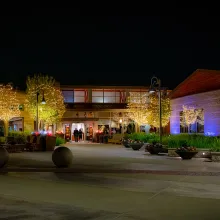 community center with holiday lights