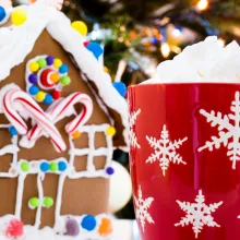 gingerbread house and hot cocoa
