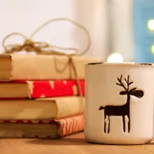 books and holiday mug