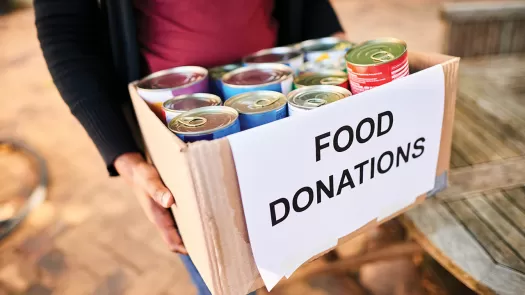 Box of donated canned goods.